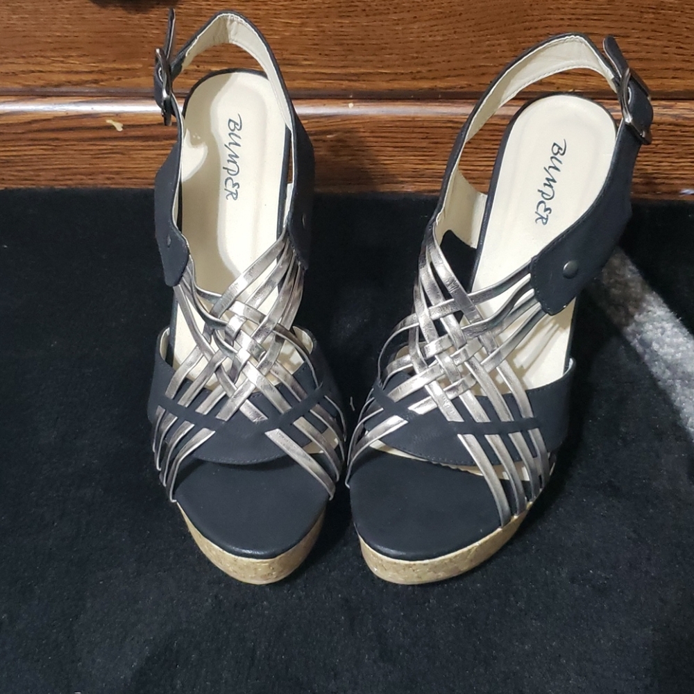 Black and silver wedge sandles sz 8.5